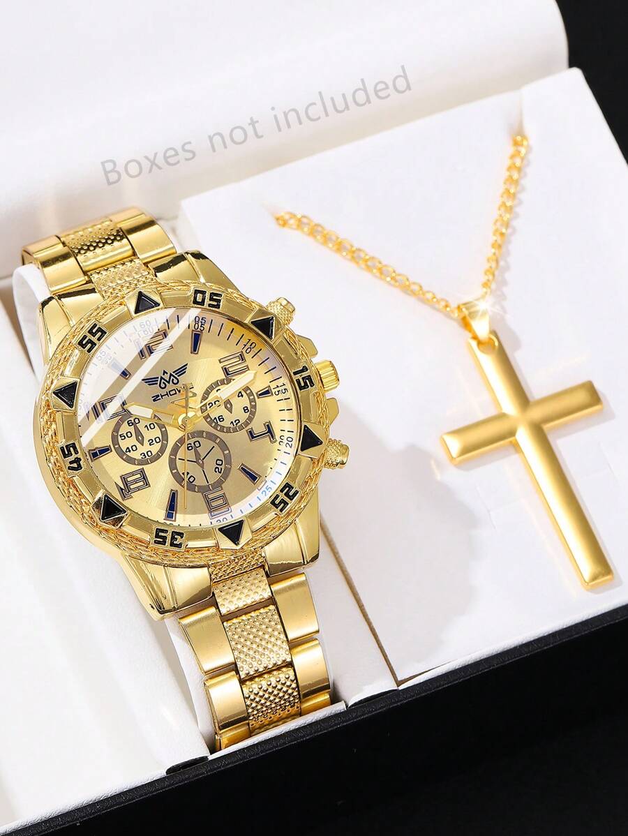 2Pcs Men's Golden Strap Fashionable Casual Business Classic Three Eyed Circular Dial Quartz Watch Cross Necklace Jewelry Set For Daily Wear Or Holiday Gift Giving