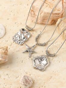 1pc Asymmetrical Embossed Geometric Flower Swirl Starfish Design Stainless Steel Pendant Necklace, Versatile & Minimalist Fashion Jewelry For Women, Suitable For Daily Wear And Gifts