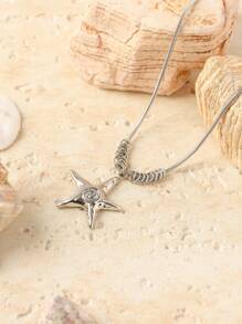 1pc Asymmetrical Embossed Geometric Flower Swirl Starfish Design Stainless Steel Pendant Necklace, Versatile & Minimalist Fashion Jewelry For Women, Suitable For Daily Wear And Gifts