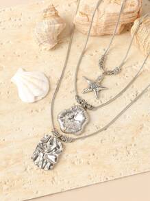 1pc Asymmetrical Embossed Geometric Flower Swirl Starfish Design Stainless Steel Pendant Necklace, Versatile & Minimalist Fashion Jewelry For Women, Suitable For Daily Wear And Gifts