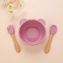 3 pezzi Set di ciotole per bambini in silicone con piatto con ventosa, cucchiaio e forchetta in legno, sicuro per microonde e lavastoviglie