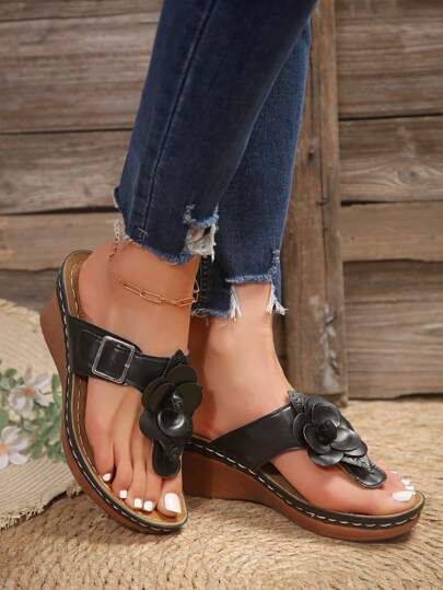 Neue Sommer Keil Zehentrenner, Lässig Damen Strandpantoffeln mit dicker rutschfester Sohle und Blumenprint