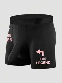 Men's Black Boxer Briefs With Arrow & Letter Print, Elastic Comfortable Underwear