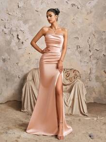 Pink Satin Sleeveless Ruched Tie-Up Fitted Split Front Elegant Bridesmaid Dress, Valentine's Day Dress