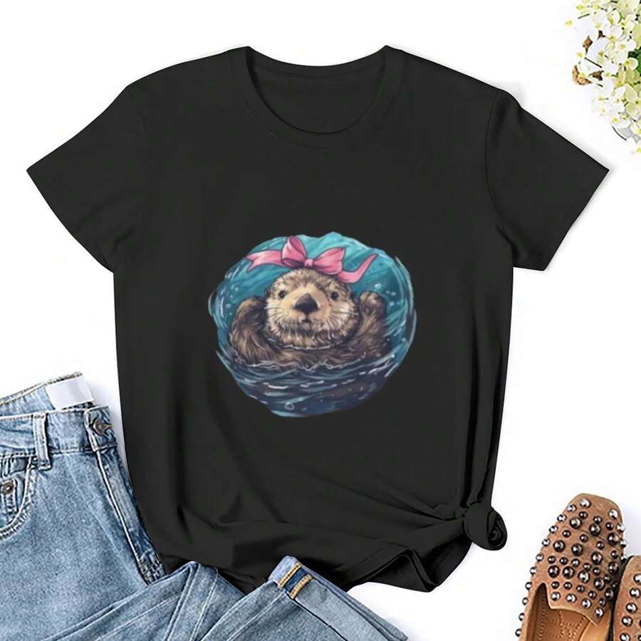 Women Cute Sea Otter Shirt Adorable Otter T Shirts Shirt Short Sleeves T Shirt Casual T Shirts Novelty Shirt Graphic Tees Clothes Top - Black - View 1