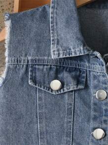 年轻女孩牛仔无袖翻领夹克和牛仔迷你裙套装 - 深色水洗藍 - 查看 4