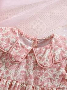 1pc Girls Petal Collar All-Over Floral Print Elegant Dress, Young Lady Style For Toddlers, Spring/Autumn Occasion Wear & Birthday Party - Pink - View 3