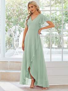 Váy phù dâu trang trọng bằng vải voan viền tay cánh bướm - Màu xanh Bạc hà - Xem 4