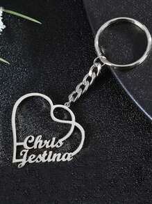 1pc Custom Heart Double Name Keychain, Stainless Steel Custom Heart 2 Names Couple Keychain, Simple Name Pendant Keychain Unique Charm Decoration Bag Charms, Valentine's Day Gift For Her, Birthday Gift, Christmas Gift