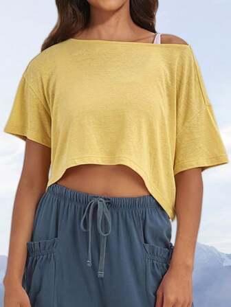 Oversized Schulter Kurz Ärmel Crop Top, Off-Shoulder, locker sitzendes Lässig T-Shirt für Sport und Sommer
