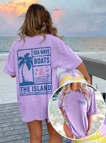 女士夏季字母棕榈树印花圆领短袖休闲 T 恤，百搭时尚，适合日常度假风格。图案 T 恤女士白色上衣黑色上衣粉色上衣 - 紫色 - 查看 1