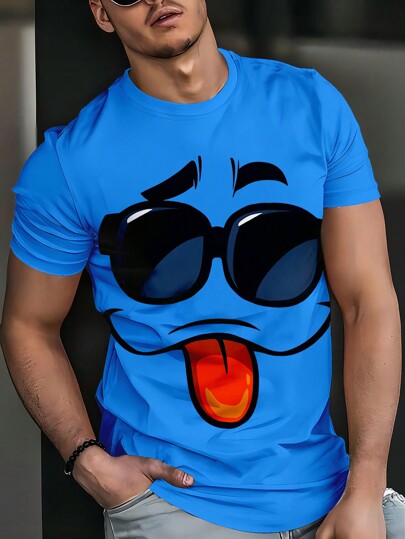 Men's Novelty 3D Smiling Face Print Casual Crew Neck Short Sleeve T-Shirt, Casual Fashion Summer Short Sleeve Top.