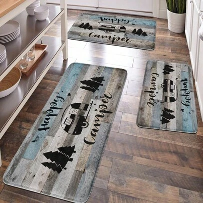 1pc Soft Plush Surface Floor Mat, Home, Room, Bathroom, Kitchen Decor, Anti-Fatigue Rug With Wood Grain, Camper And Tree Pattern, Classic Minimalist Style, Comfortable Surface, Relaxing Feet, Relieve Fatigue, Women Valentine Gift Birthday Boyfriend Girlfriend Home Bathroom Decor Floor Carpet Outdoor Rug Door Mat Fall Decor Bathroom Accessories Back To School Entryway Decor