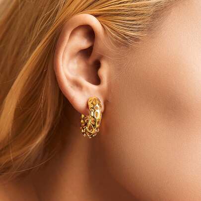 18K 镀金女士半圆形耳环，镂空耳夹，女士夹式耳环，非穿孔，手术钢耳环，适合女孩，简约精致，手工制作，防过敏珠宝礼物