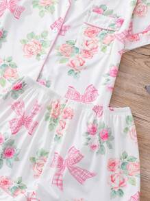 2 pezzi pigiama da donna con stampa a fiocco e rosa, top con collo a risvolto e maniche corte, pantaloncini larghi con elastico, pigiama casual per tutte le stagioni, set da 2 pezzi