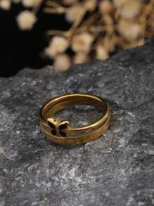 1 件不锈钢 18K 金罗马数字黑色蝴蝶皇冠戒指，简约风格男女指环 - 金色 - 查看 3