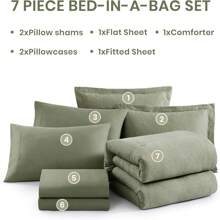 Melex Reversible Comforter Set, Bedding Sets 7 Pieces, Cationic Dyeing Bed In A Bag With Comforter, Sheets, Pillowcases & Shams - 鼠尾草綠 - 查看 6