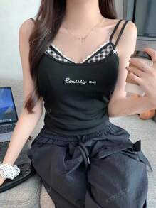 Top camisa de tirantes sexy con encaje y diseño de cuadrícula, camisetas de tirantes cortas y sin mangas