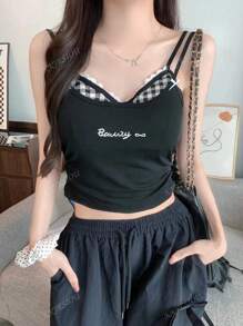 Top camisa de tirantes sexy con encaje y diseño de cuadrícula, camisetas de tirantes cortas y sin mangas