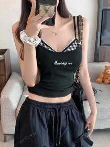 Top camisa de tirantes sexy con encaje y diseño de cuadrícula, camisetas de tirantes cortas y sin mangas
