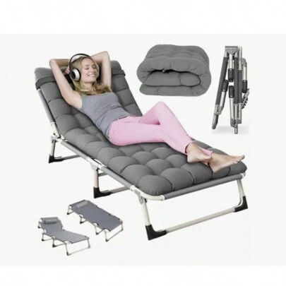Esta cama plegable ajustable, cama plegable portátil y silla plegable se puede usar tanto para sentarse como para dormir. Soporta hasta 180 kg y mide 180 x 62 x 29 cm. Se abre en 10 segundos e incluye un cojín ligero de algodón perlado. Tiene cinco posiciones ajustables y se pliega fácilmente para un almacenamiento compacto. Es fácil de usar y transportar. Disponible en gris, es perfecta para relajarse en casa, junto a la piscina, en vacaciones en la playa o de camping.