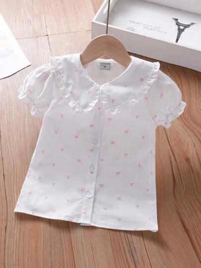 Kleine Mädchen Kurzarm Knopfhemd mit Herz Muster