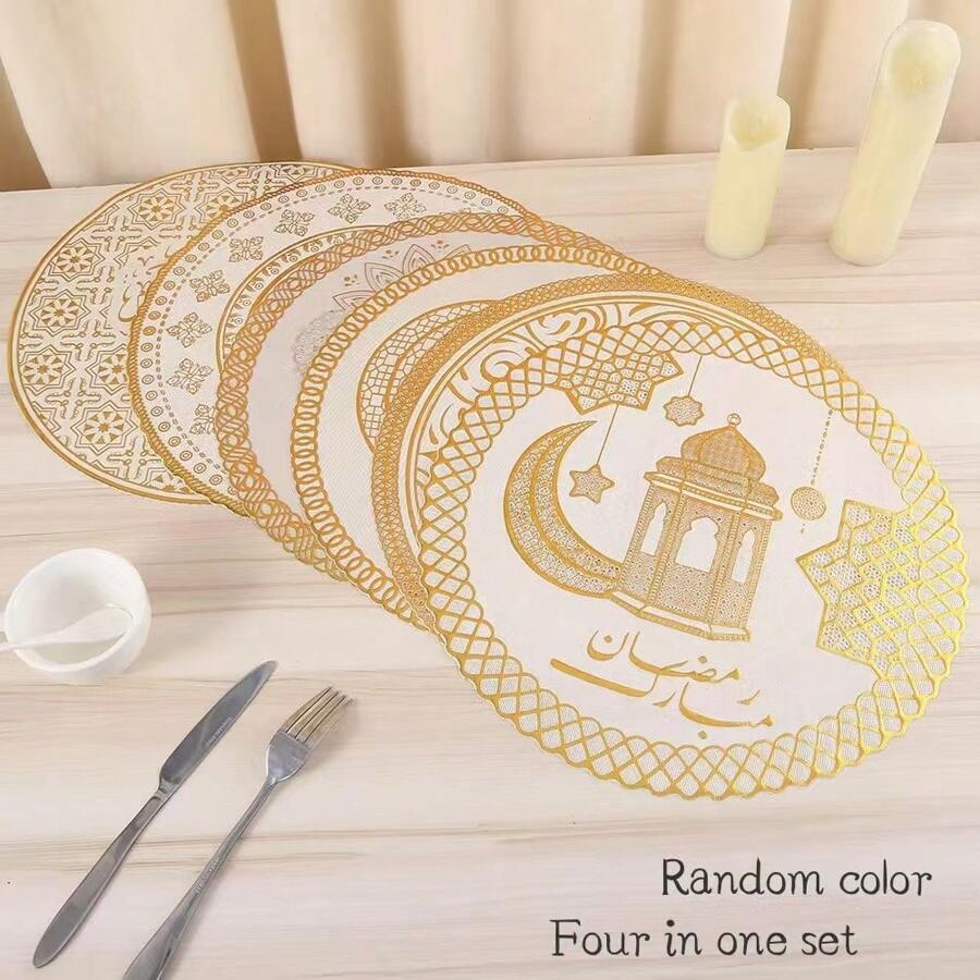 1 套金属箔印花杯垫、星月图案圆形餐垫、防水防滑桌垫、PVC 西餐盘垫、耐热防油餐桌保护垫