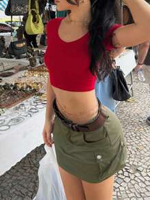 Minifalda con botones y cremallera con múltiples bolsillos, estilo callejero para mujer, estilo vaquero occidental para vacaciones