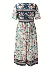 Plus Size Summer Women Floral Print Round Neck Dress - Color - View 2