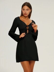 Tie Front Flounce Sleeve Dress - Black - View 1