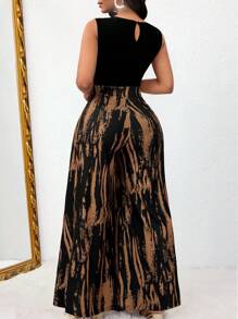 Women's Sexy And Elegant One-Piece Jumpsuit With Shoulder-To-Waist High-Rise And Wide Legs With Color Contrast Printed Stripes And Elegant Sleeveless Design Jumpsuit - Coffee Brown - View 2