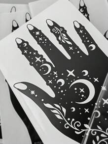 Tiebeauty 4 Sheets Hand Moon Flower Tattoo Hollow Template Stickers - Black - View 5