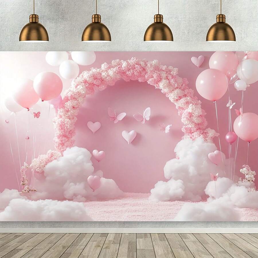 Charming Pink Butterfly And Flower Balloon Party Background - Suitable For Birthday And Wedding Decoration - Baby Pink - View 1