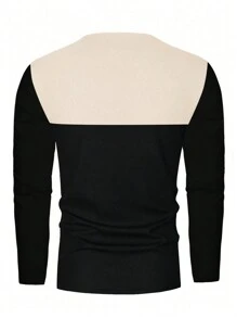 Áo thun nam dài tay cổ tròn phối màu đen trắng tương phản, kiểu dáng công sở thường ngày, thích hợp mặc hàng ngày vào mùa xuân và mùa thu. - màu đen - Xem 3