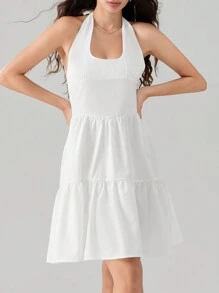 Women's Short Halter Dress Striped Sleeveless Backless A-Line Tiered Ruffle Dress For Party Club