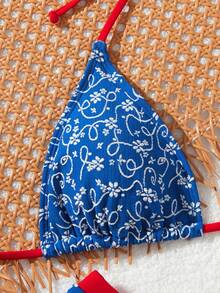 2pcs/Set 2025 Blue & White Floral Print Tie-Up Beach Bikini Set - Blue Background With White Flowers - View 3