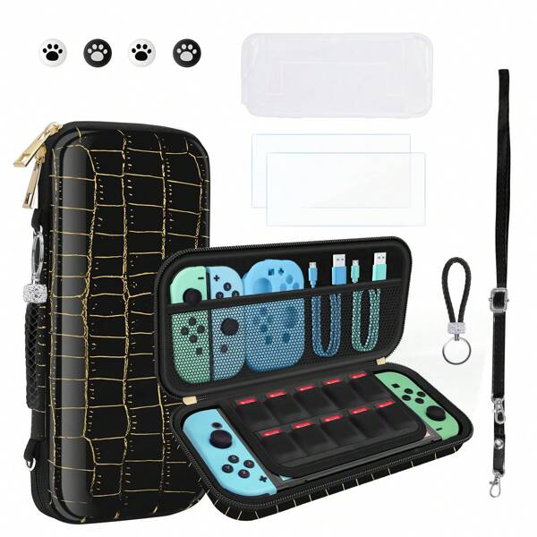 Qearfun 10pcs In 1set Switch Oled Accessories Bundle, Crocodile Patterned Leather Switch Oled Carrying Case For Girls Includes Switch Oled Protective Case, Adjustable Strap, Game Console Protective Case, Screen Protector Module, Thumb Cover, Beautiful Switch Oled Bag, Thanksgiving Gifts, Birthday Gifts, Valentine's Day Gifts, New Year's Gifts(Pink/Purple/Black/White)