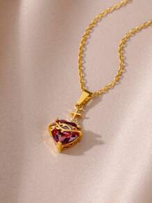 1 件时尚人造红水晶心形项链女士金色不锈钢玫瑰箭头吊坠项链情人节礼物 - 金黃色 - 查看 10