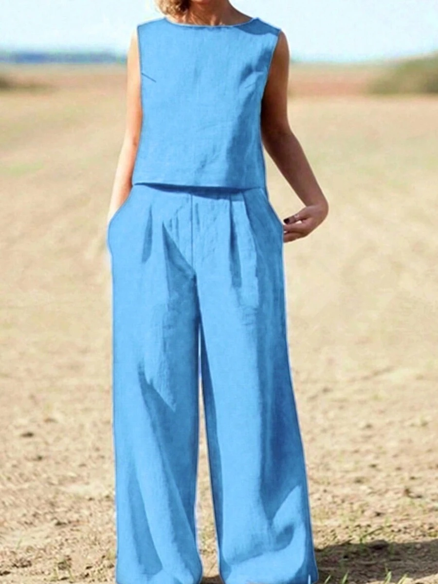 2pcs Set Plain Casual Pants And Tank Top - Blue - View 1