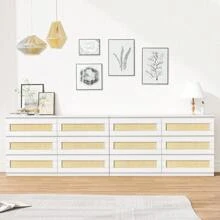Rattan Dresser For Bedroom, 6 Drawer Dresser For Bedroom, Modern Chest Of Drawers With Anti-Tip Kit & Smooth Slide Rail, Wood Storage Dresser For Bedroom, Hallway, Living Room, White/Natural/Black - 白色 - 查看 5