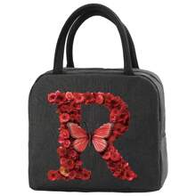 Insulation Lunch Bag Aluminum Foil Bento Pack For Work Large Capacity Cooler Bags Women Handbag Red Rose Initial Letter A-Z Print Lunch Box Portable Thermal Picnic Food Bag