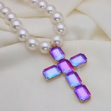 Retro Oversized Pearl Necklace With Big Glass Cross Pendant, Fashion Jewelry For Women, Christmas Gift