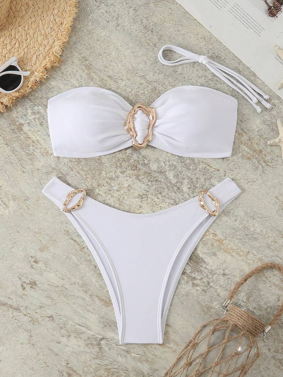 New Solid Color Bandeau With Metal Decor, Removable Strap 2 Pieces Bikini, For Summer Beach Vacation