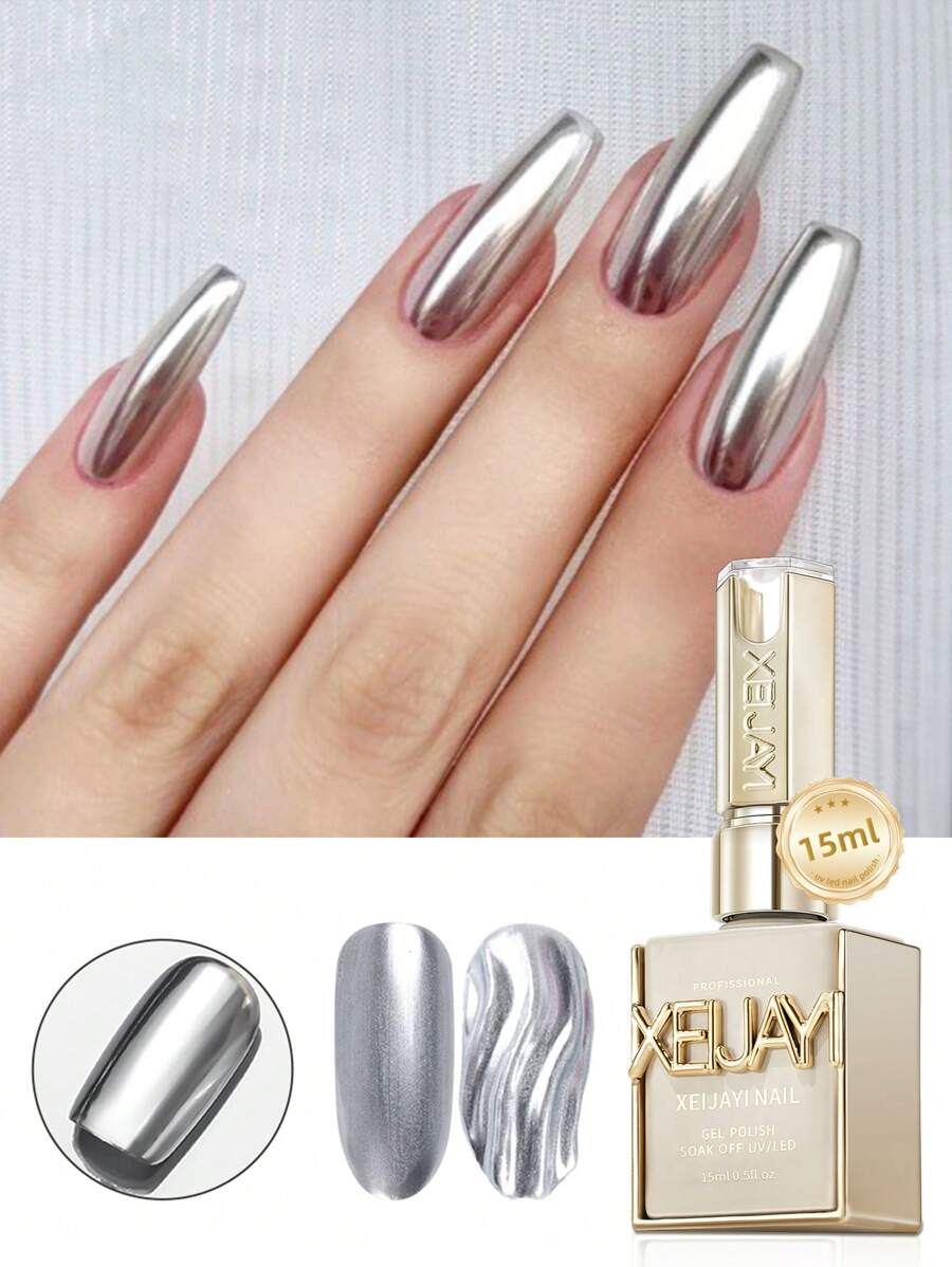 XEIJAYI 1PC 15ML Mirror Silver Metallic Painting Gel Nail Polish Soak Off Gel Nail Polish Silver Mirror Glitter UV Gel For Home Manicure DIY - 銀色 - 查看 1