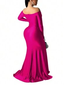 Fooullaide Womens Sexy Off Shoulder Long Sleeve Maxi Dress High Split Formal Wedding Cocktail Prom Evening Gown - 玫紅色 - 查看 3