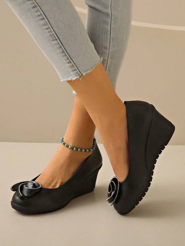 Flower Decor Work Shoes, Soft Bottom Wedge Heel Comfort Slip-On Black Leather Uniform Shoes For Women