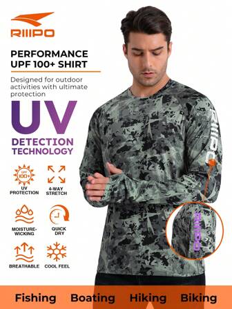  Spring And Summer RIIIPO Men's UPF 100+ Sun Protection Shirt With UV Detection Technology, Performance Fishing Shirt, Round Neck, Active Sweat Wicking, Rapid Drying, Breathable, 4-Way Stretch, Light Weight, Wrinkle Resistant, Extended Long Sleeves, Outdoor Sports Rash Guard, Thumbholes, Built-In Microfiber Lens Cleaner, Suitable For Beach, Boating, Hiking, Hunting, Water Sports