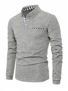 Men Plaid Trim Long Sleeve Tennis Polo Shirt