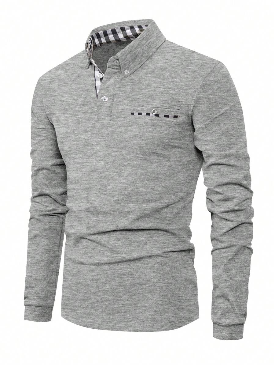 Men Plaid Trim Long Sleeve Tennis Polo Shirt