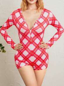 Women's Sexy Romper Shorts, Funny Print Long Sleeve Button Down Deep V Neck Bodysuit - Cuadrícula rosa - Ver 7